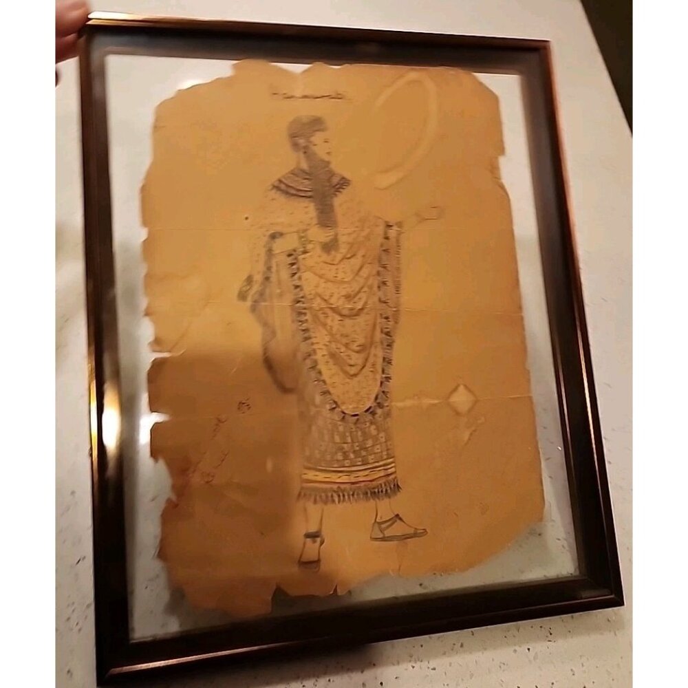 Vintage Glass Framed Art Student Homework Pencil Drawing 1977 Hammurabi OOAK